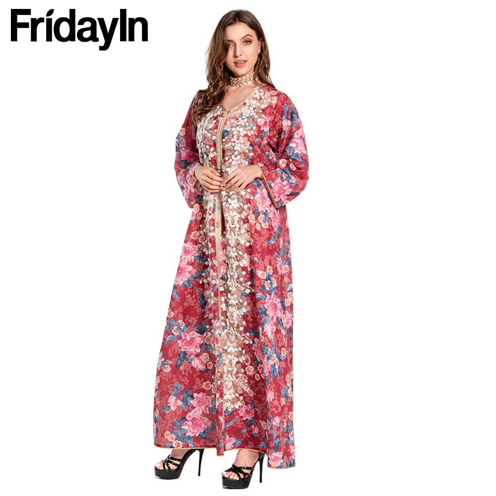 

Fridayin Kaftan Dubai Abaya Turkey Femme Arabic Floral Muslim Fashion Robe V-Neck Dresses Abayas For Women Islamic Clothing