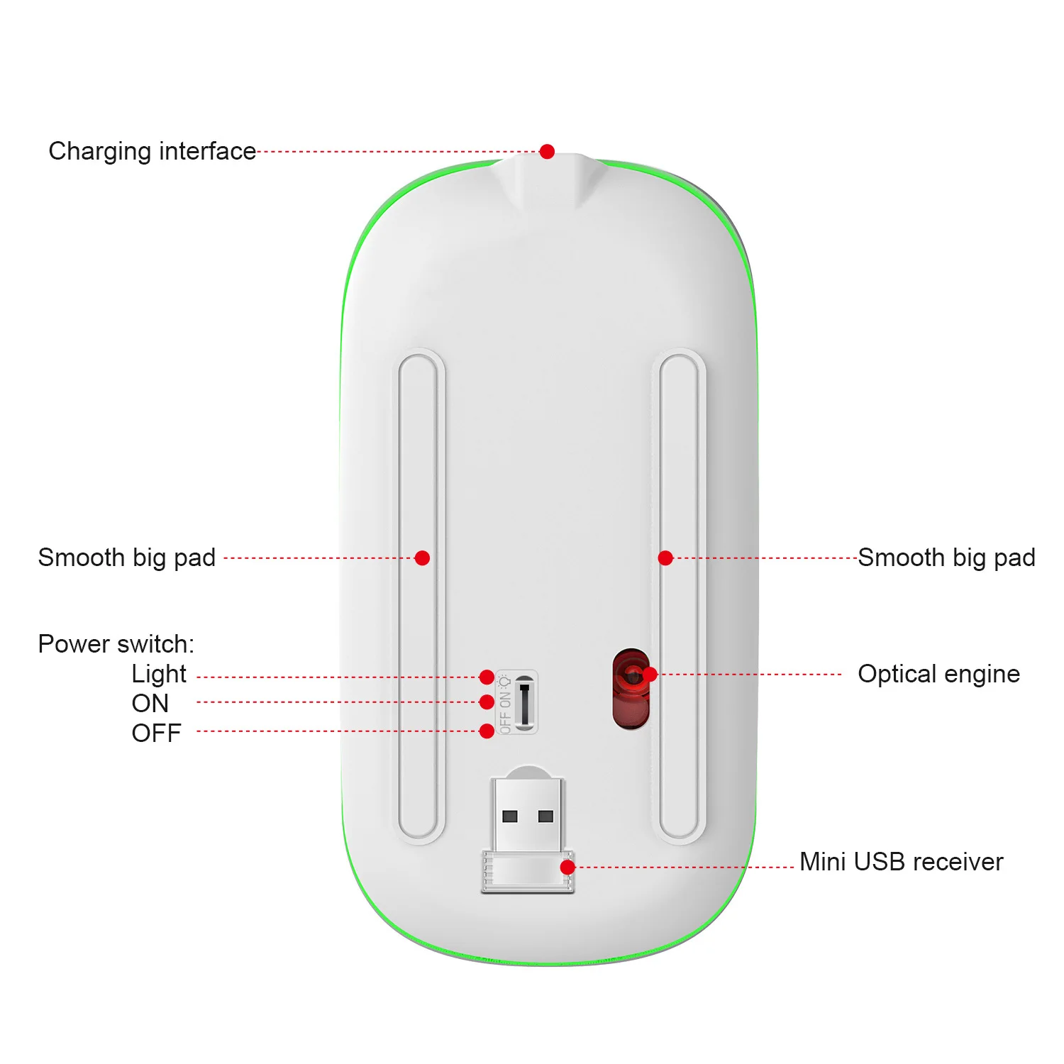 

Ultra-Thin Wireless Mouse 2.4GHZ LED Silent Mute Colored Backlit Optical Mice with Hidden USB Receiver DPI Adjustable for Gaming