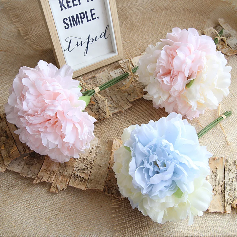 

5Pcs Peony Artificial Flower Bouquet Wedding Road Leading Married Hand Holding Flower Simulation Peony Fake Flower Silk Wreath