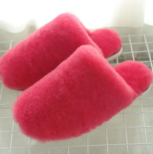 Bright red Зимние теплые меховые тапочки из натуральной овчины женская домашняя обувь Домашние тапочки Роскошные шерстяные тапочки женские повседневные Тапочки - Цвет: Bright red