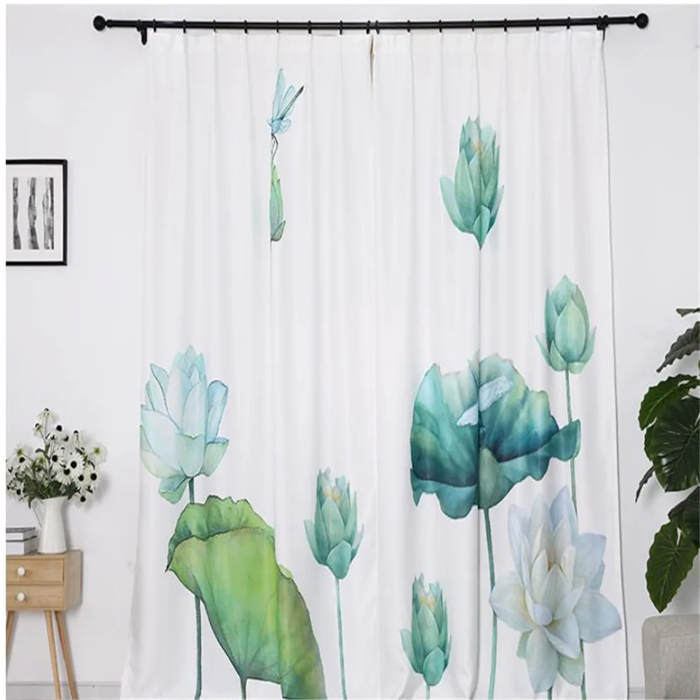 

soundproof windproof curtains Customized curtain oil painting lotus curtains green curtain plant curtain