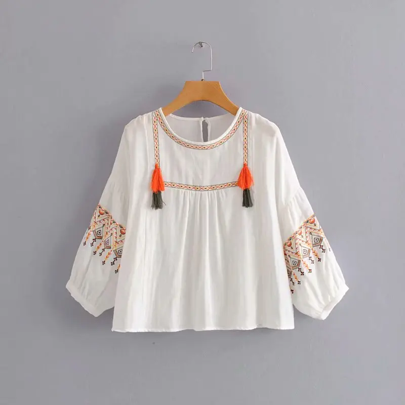 Новая женская винтажная Повседневная рубашка с халатом вышивкой блузка рукавом