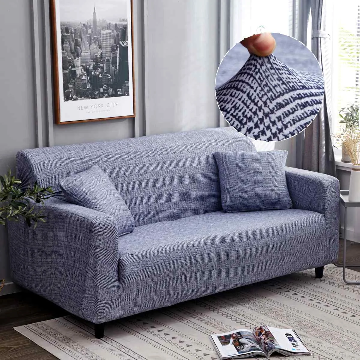 Blue HoundstoothStretching диван крышка подходит для гостиной шезлонг диван крышка раздела диван угловой 1/2/3/4 местный диван-кровать - Цвет: Blue