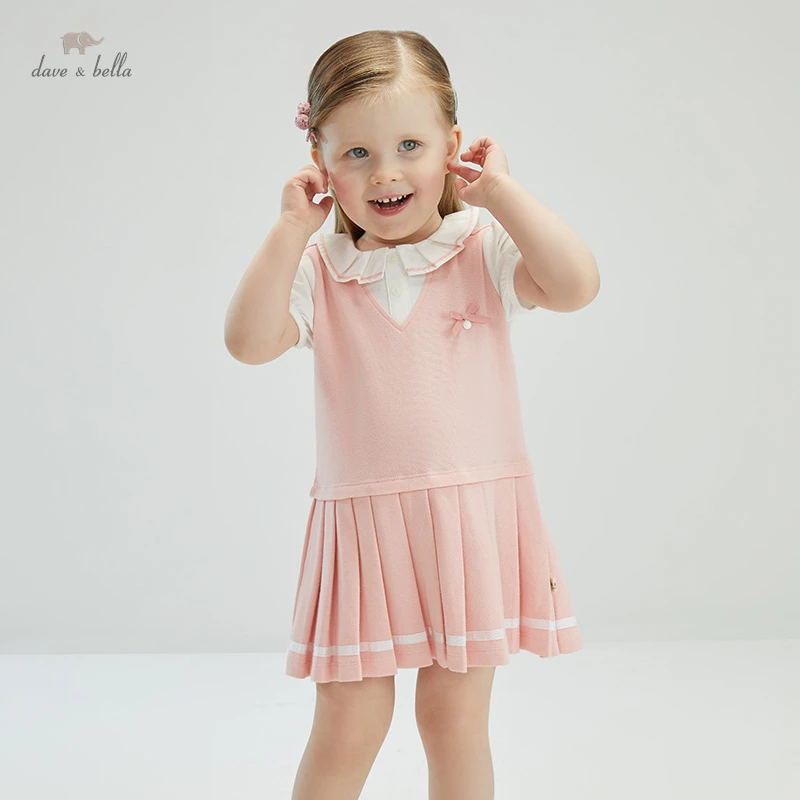 DBJ17562 dave bella summer baby girl's cute bow patchwork draped dress children fashion party dress kids infant lolita clothes enlarge