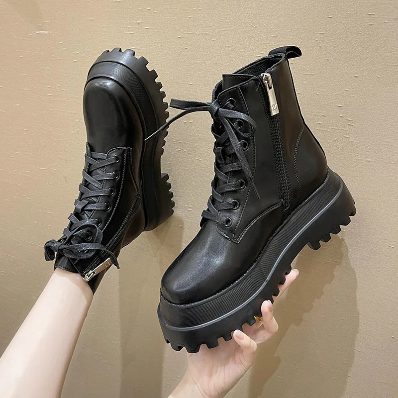 

2021 Black Punk Motorcycle Boots Women PU Leather Chunky Platform Ankle Boots Woman Shoes Thick Bottom Zipper Combat Botas