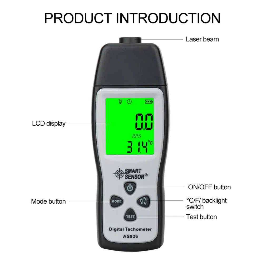 

Smart Sensor AS926 Non-contact Toerenteller Toerental Meter Snelheidsmeter Optische Toerenteller 100 ~ 30000Rpm Voor Auto Motor