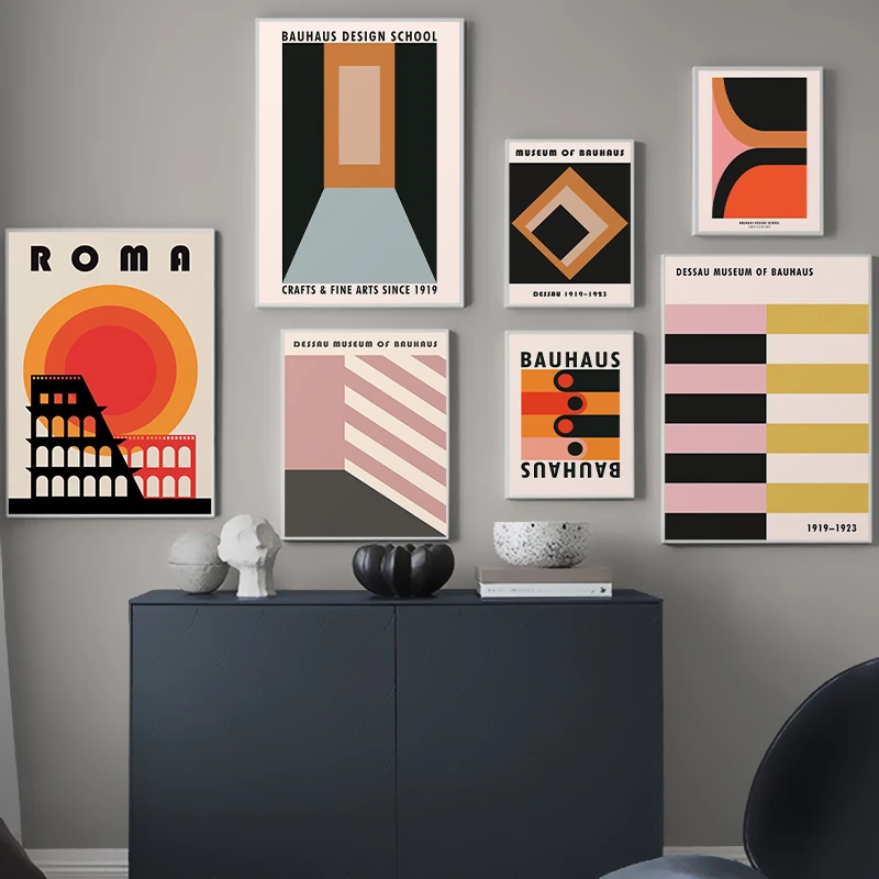 

Modern Bauhaus Art Museum Decor Painting On Canvas Abstract Geometric Pattern Poster Unique Wall Picture for Living Room