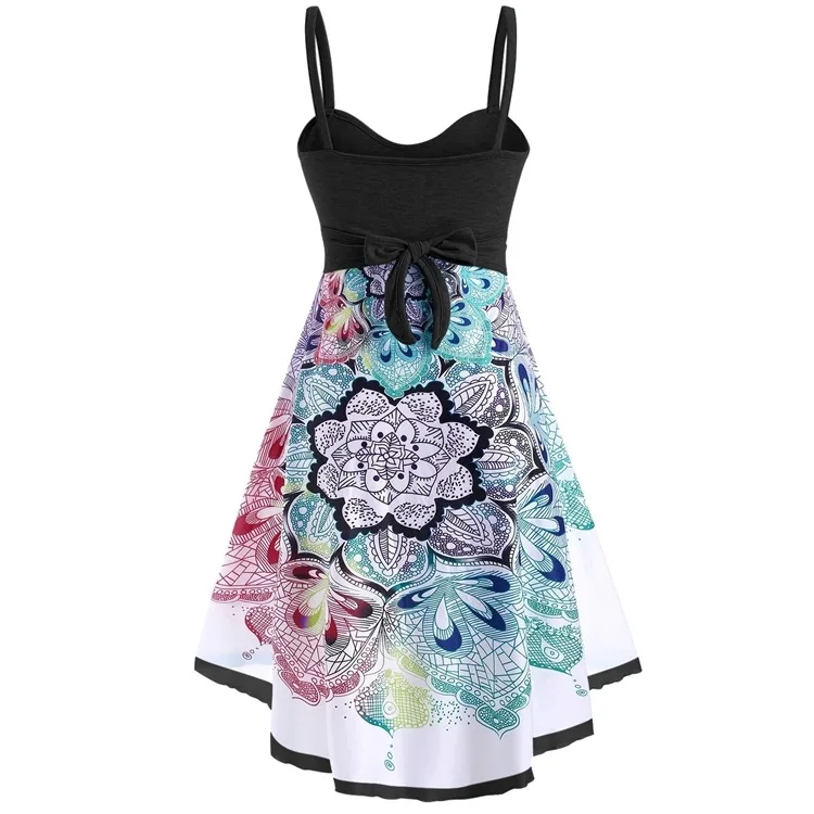 

Mandylandy Women's Sexy Printed Dress Summer Fashion Sleeveless Spaghetti Strap V-neck High Waist Irregular Dress