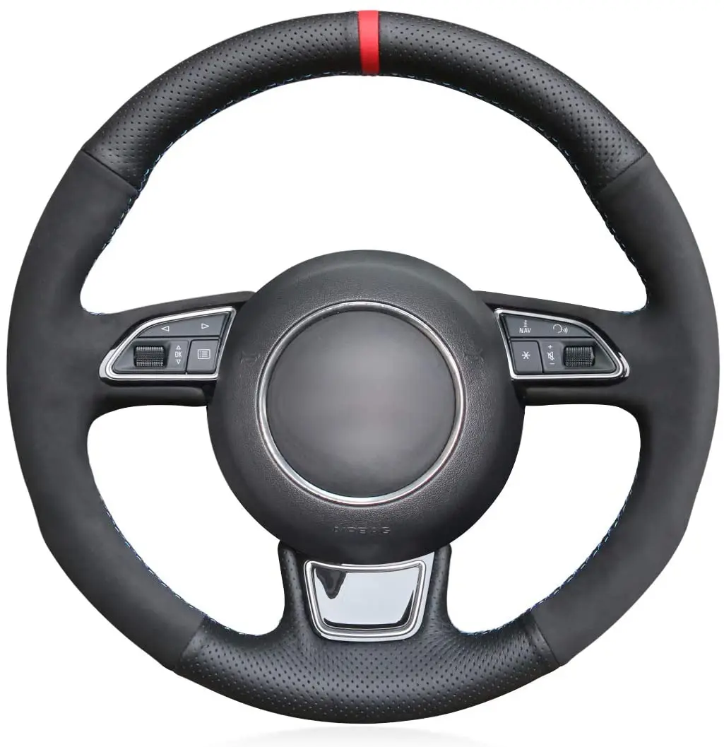 

Hand Sewing Black Genuine Leather and Suede Car Steering Wheel Covers Wrap for Audi A3 A4 A5 A6 A7 Allroad RS 7 2012-2018