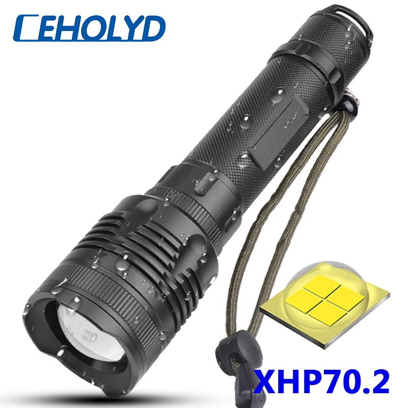 

Мощный тактический светодиодный фонарик XHP70.2 с зуммируемым объективом, 2*18650 или 26650 лампочки с аккумулятором, водонепроницаемый алюминиевы...