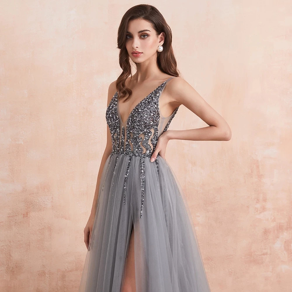 GY Sexy V-Neck Long Prom Dresses Beading Crystal High Splits Backless A-Line Formal Gown Party Dress