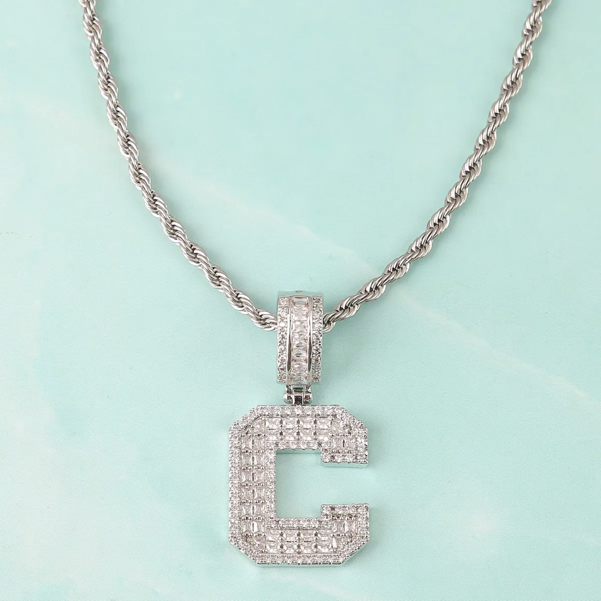 

Soild Single Letter Big Zircon Baguette Pendant With Rope Chain For Men's Hip Hop Gold Plated Necklace Jewelry