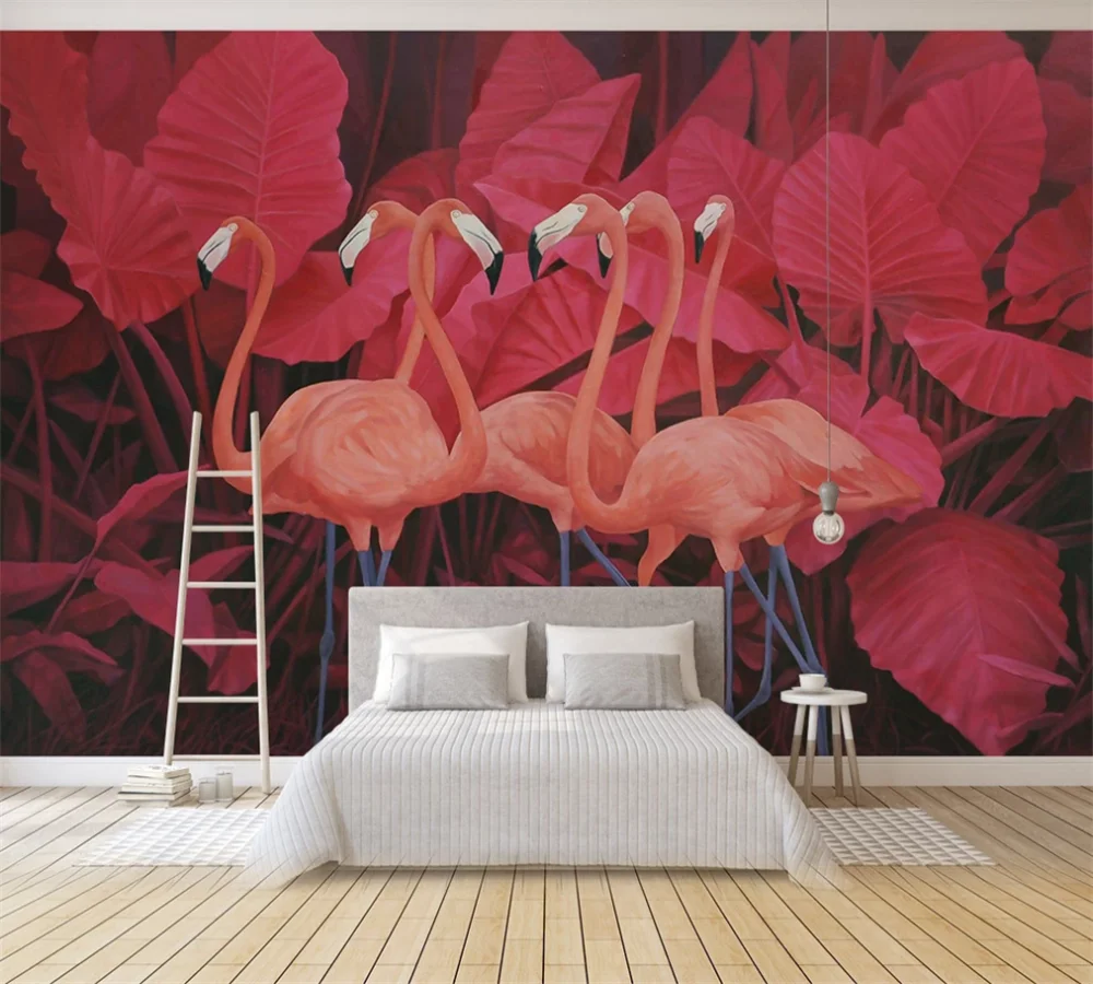 3D-обои на заказ красные тропические растения листья фламинго | Строительство и