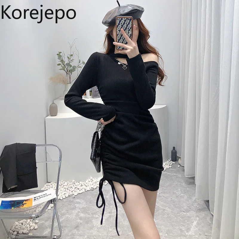 

Korejepo Drawstring Pleated Dress Women 2021 Korean Winter New Versatile Thin Bottomed High Waist Slim Sexy Off Shoulder Dresses