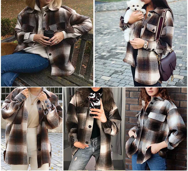 

Winter Women Plaid Long Coat Jacket Casual Warm Overcoat Ladies Thick Coat Female Streetwear Oversize Jacket Chic G1912