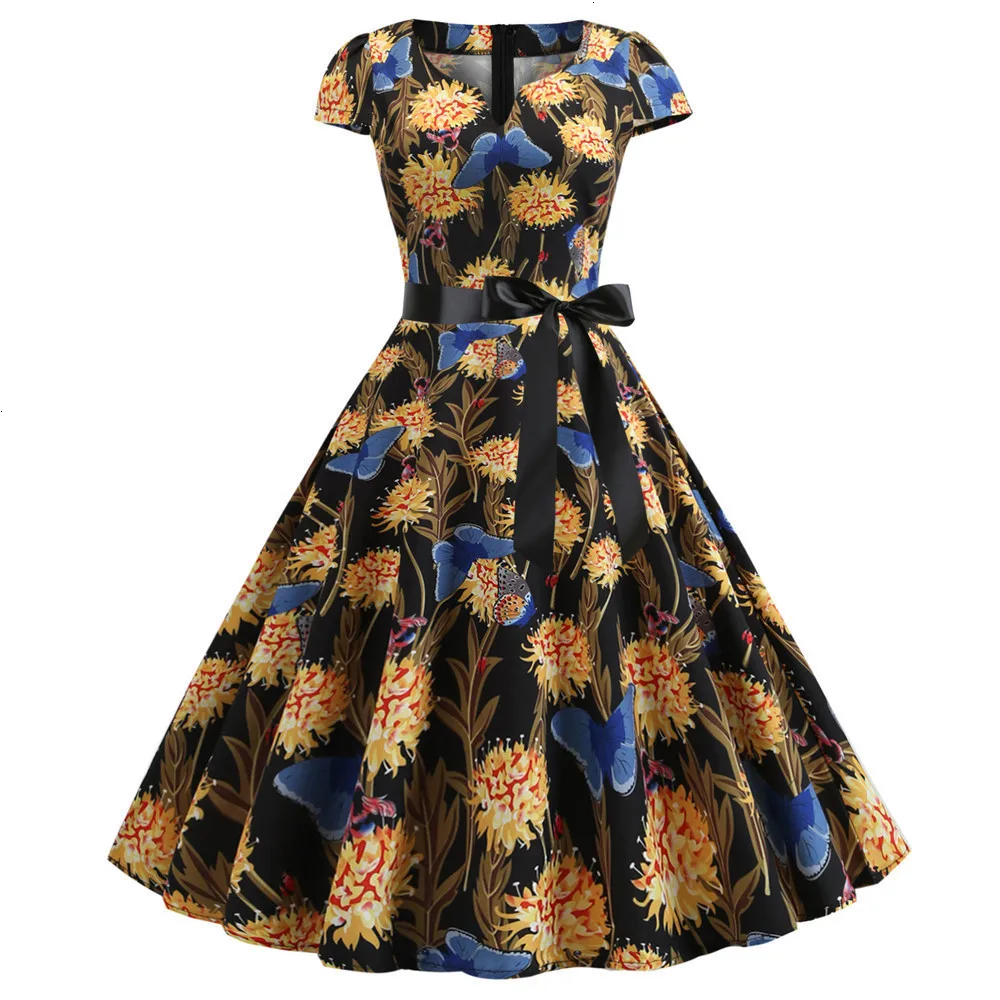 Vintage Dress 2019 Summer Floral Print Short Sleeves Dresses 50 S 60 Office Party Rockabilly Swing Retro Pinup Plus Size |