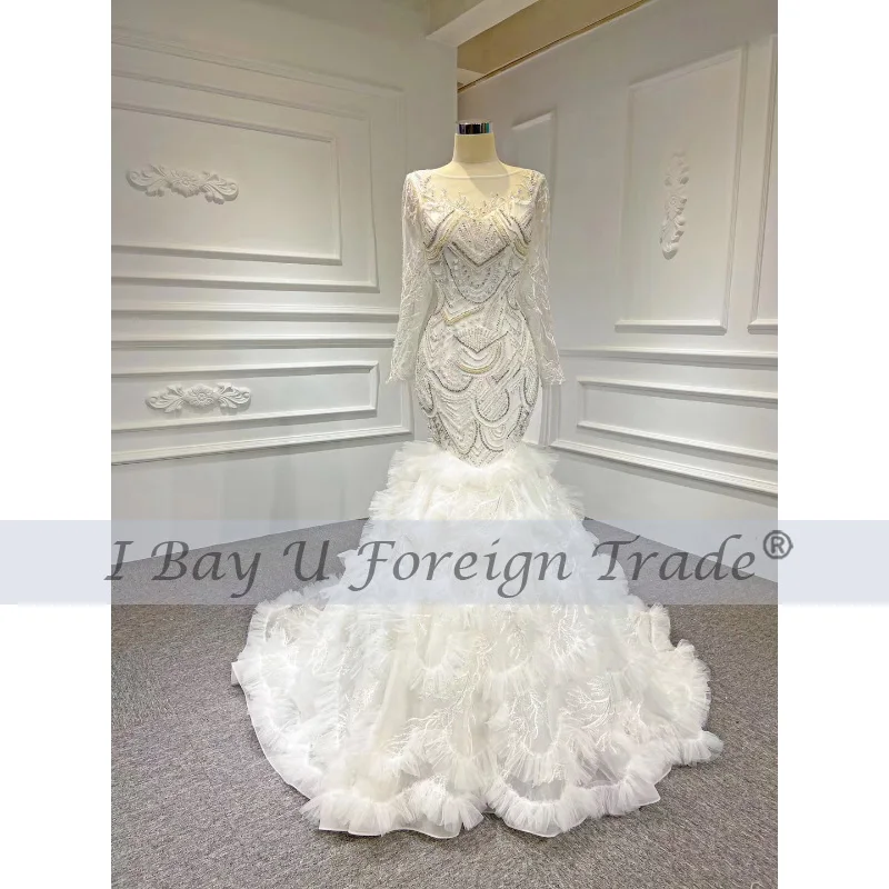 Sparkle Wedding Dress Mermaid Plus Siz 2020 Vestidos De Novia Sexy Puffy Skirt Wedding Gowns Beading Long Sleeve Bridal Dress