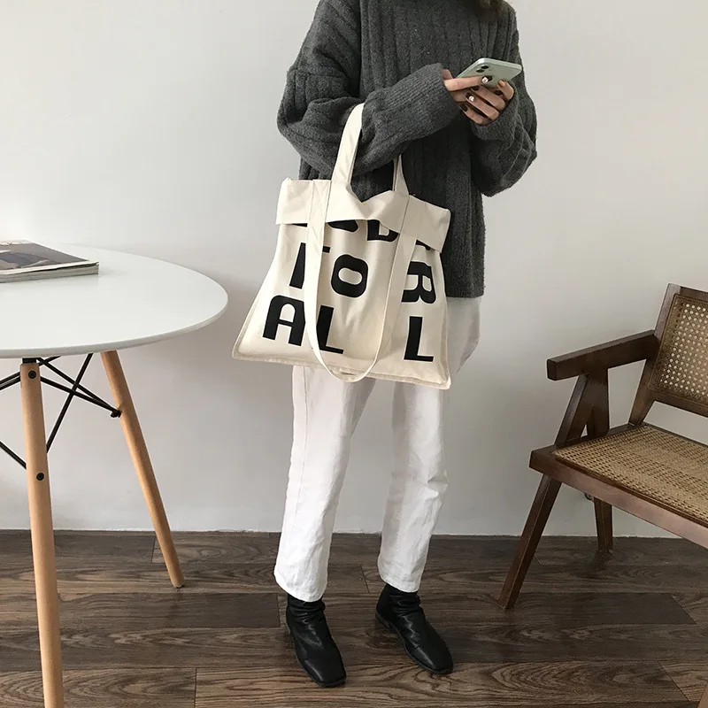 

Simple Design Women Letter Canvas Tote Bags Casual Student Girls Shoulder Bag Large Capacity Ladies Reusable Shopping Handbags