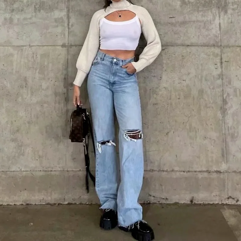 

2021 Spring Chic for Women High Waist Ripped Hole Wide Leg Jeans Vintage Fashion Zipper Fly Side Pockets Female Trousers Mujer