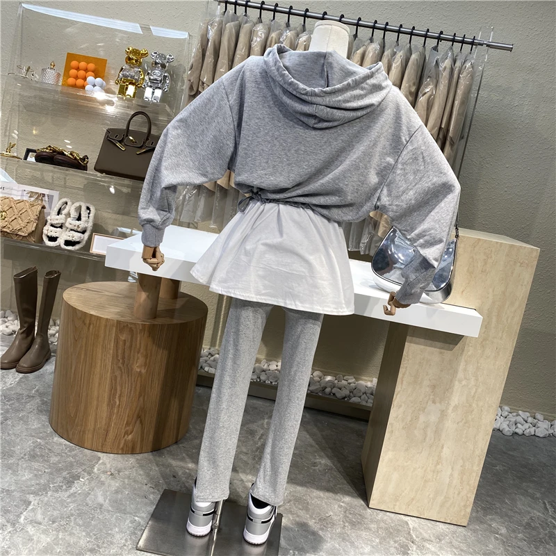 

Niche Design Spliced Two Hooded Hoodies With White Edge Skirt And Two Sets Of Slim Pants With Elastic Waist Suit