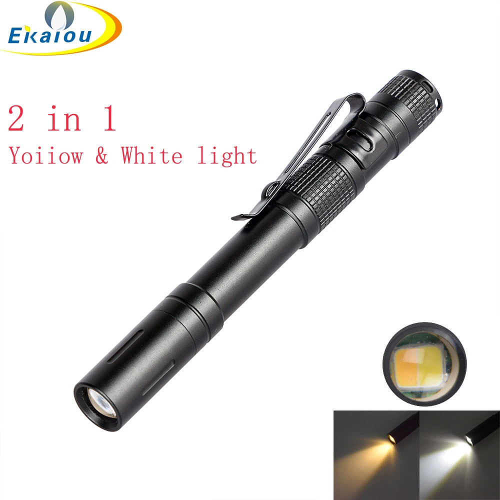 

new 2 in1White light Yellow Lamp medical household mini LED flashlight 2 AAA 1W pen clip emergency lighting Torch