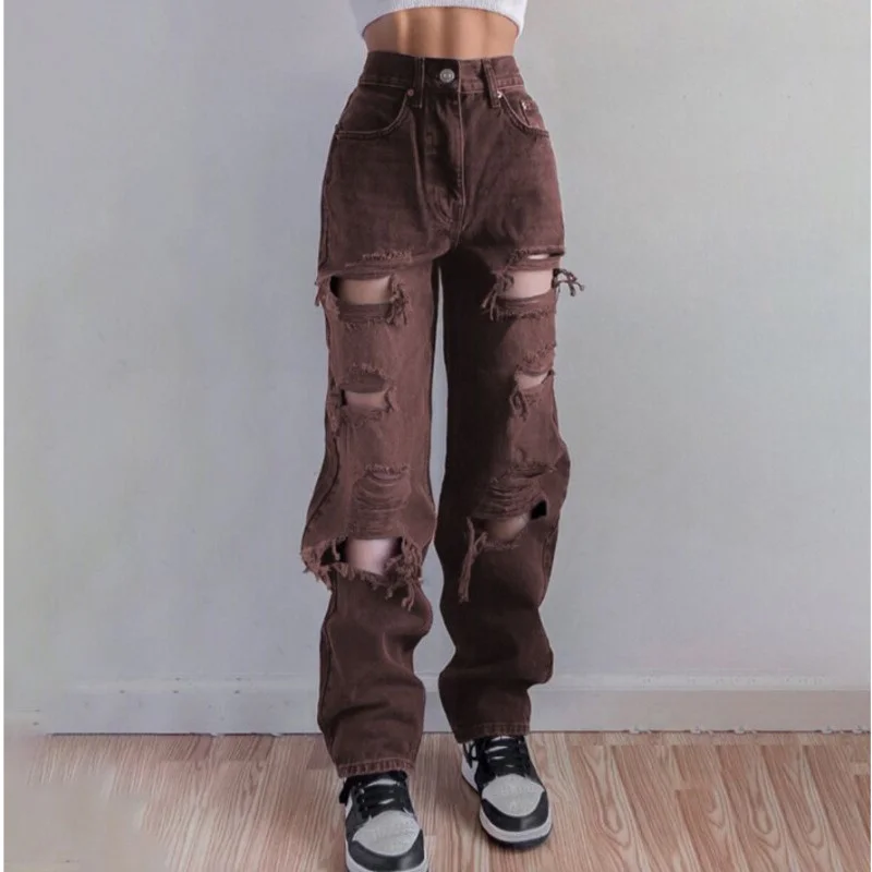 

2021 Autumn Vintage Ripped Hole Women's Jeans Casual Trousers Streetwear Hip Hop Loose Denim Pants High Waist Straight Jeans