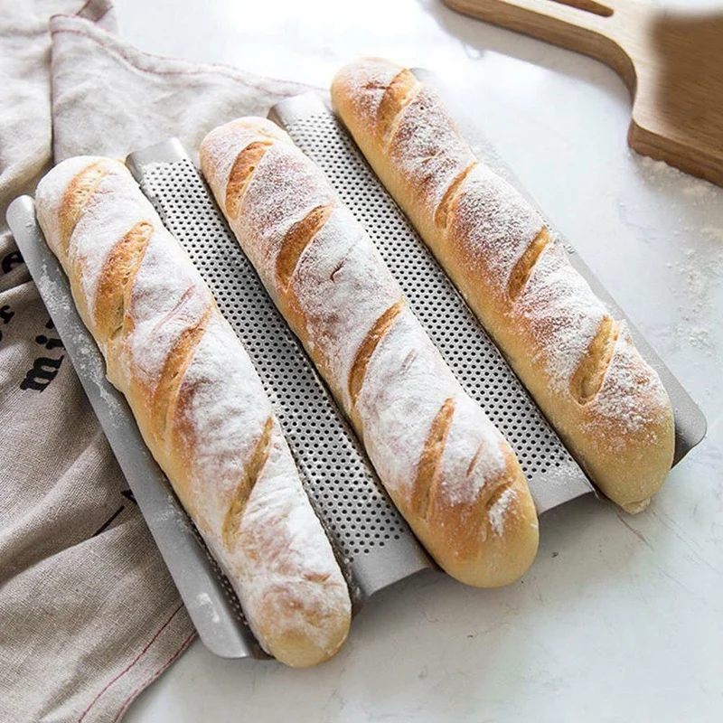

1x Baking Tray Non Stick Carbon Steel 3-Loaf & 2x Food Grade Carbon Steel 4 Groove Wave French Bread Baking Tray