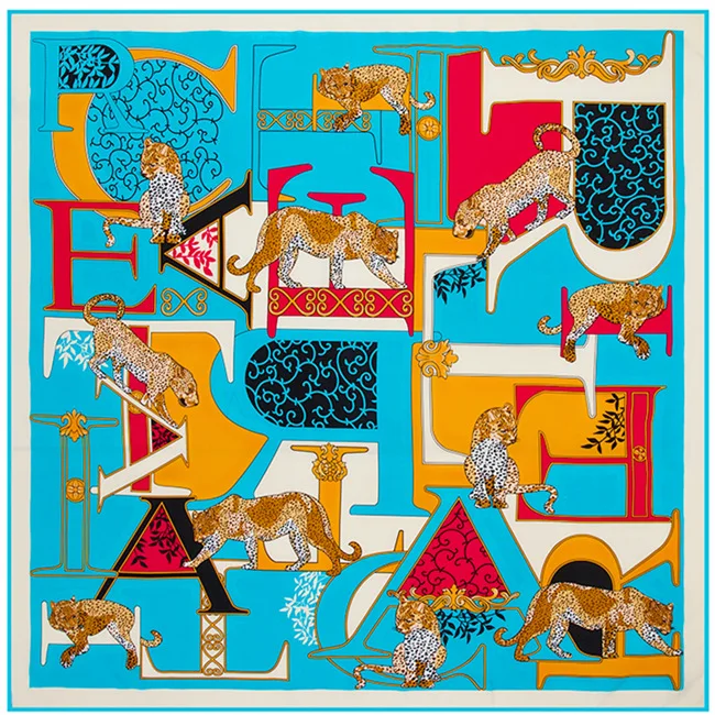 

New Twill Silk Scarf Brand Women Geometric Letter Jaguar Print Kerchief Femal Foulard Turban Headband Large Hijab Square Scarf