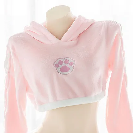 

Kawaii Cat Paw Sexy Bunny Plush Homewear Pink Cropped Hoodies Rabbit Sleepwear Japanese Lolita Sweet Bunny Girl Pajamas Set