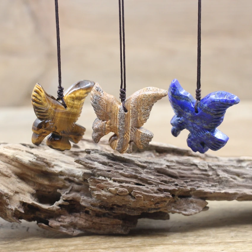 

Natural Tiger Eye Lapis Carved Eagle Shape Pendant Gemstone Necklace Eagle Show Wings Flying Men's Women Fashion Jewelry,QC3163