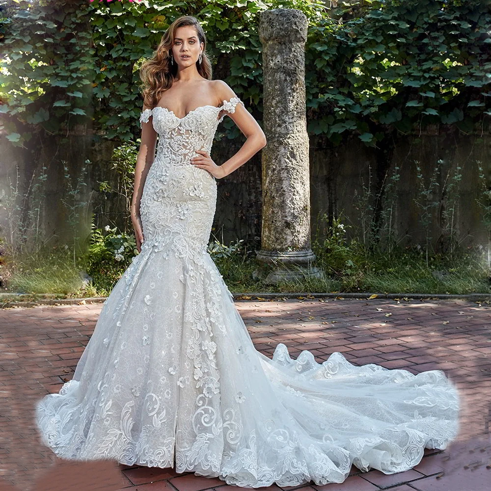 С вырезом лодочка Vestido De Noiva Роскошные кружева вышивки Русалка Свадебное платье