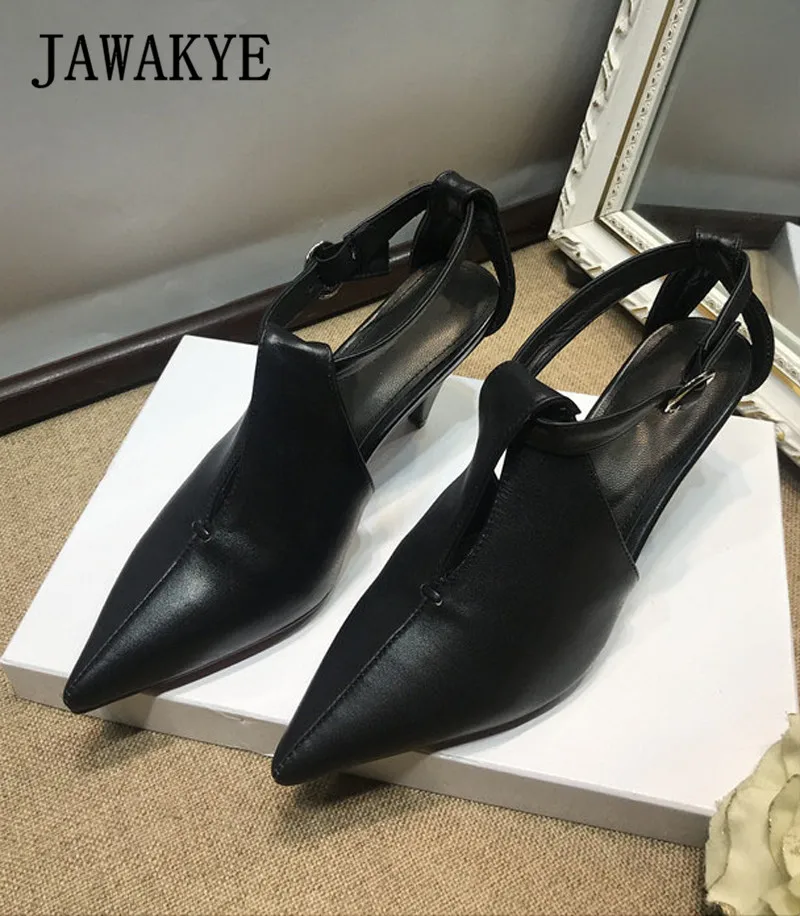 black JAWAKYE/босоножки из натуральной кожи на шпильках; женская летняя удобная обувь на высоком каблуке с острым носком; красные, черные сандалии-гладиаторы - Цвет: black