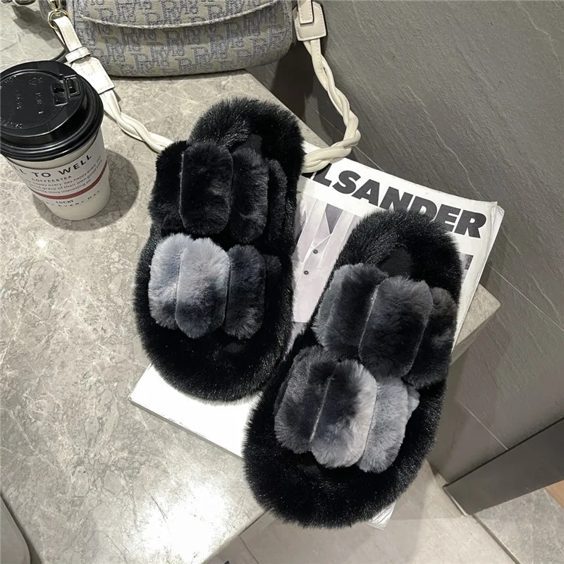 Chaussure Femme Slippers Casual Flock Flat Shoes Female Slides Platform Fur Flip Flops Women Luxury Soft Plush 2021 Basic Indoor