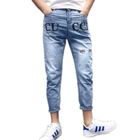 fashion harem mens korean trendy menwear thin blue letter printed brand trousers social spirit guy slim foot cowboy jeans pants