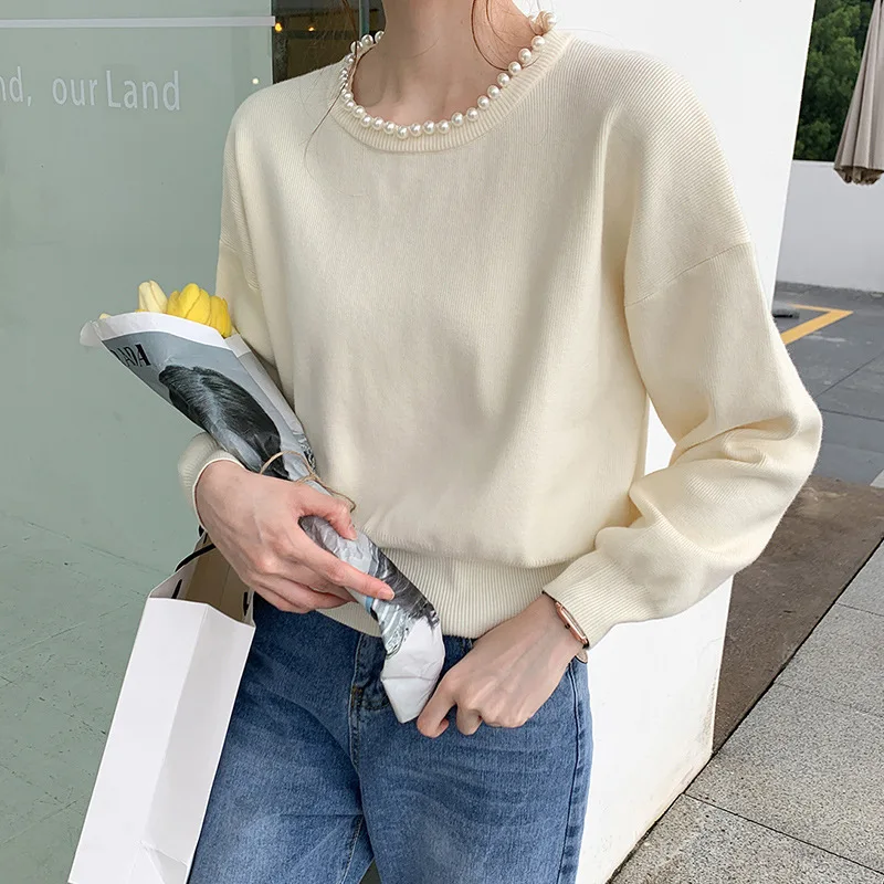 

Women's Pearl Embellished Korean Pullover Thickened Sweater Fall 2021 Women Clothing Pullover Blouse Vintage Sweater