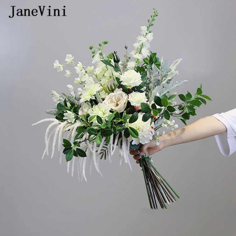 

JaneVini 2020 Elegant White Roses Bridal Handle Bouquets Artificial Silk Flowers Bridesmaid Wedding Bouquet Mariage Accessories