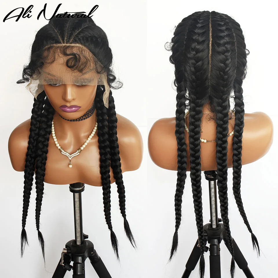 Synthetic Hand Braided Lace Front Wigs With 4 Ponytails 20 Inches Triangle Lace Frontal Cornrow Braided Lace Wig For Black Women