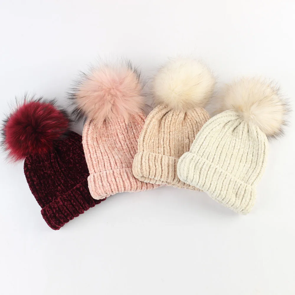 Women's Beanies Hat Winter Knitted Velour Casual Beanie For Female Skullies With Real Fur Pompom Cap Soft Outdoor Windproof Hats