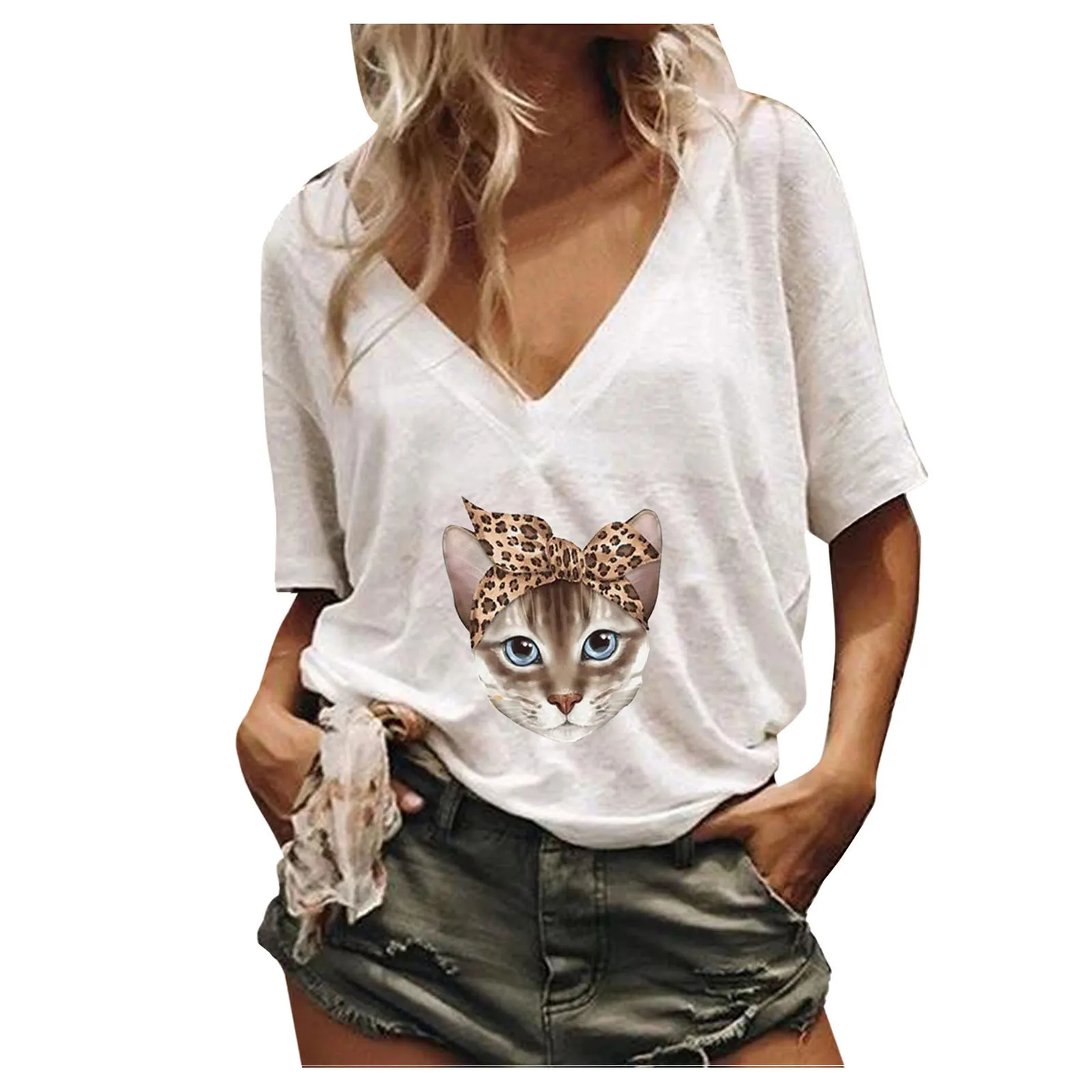 

2021 Hot Womens Print V-neck Tank Tops Short Sleeve Shirts Casual Loose Tees Female 2021 Summer Fashion Ladies Shirt