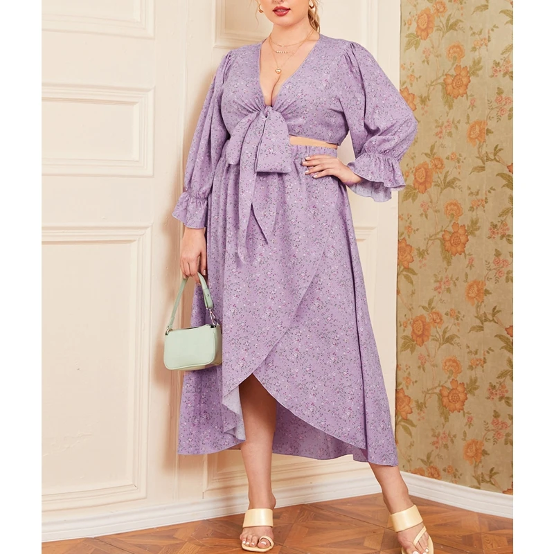 

WEPBEL Women's Sexy Printed Loose Outfit Summer Flared Sleeves V-neck Lace-up Top + High Waist Slit Irregular Skirt Suit