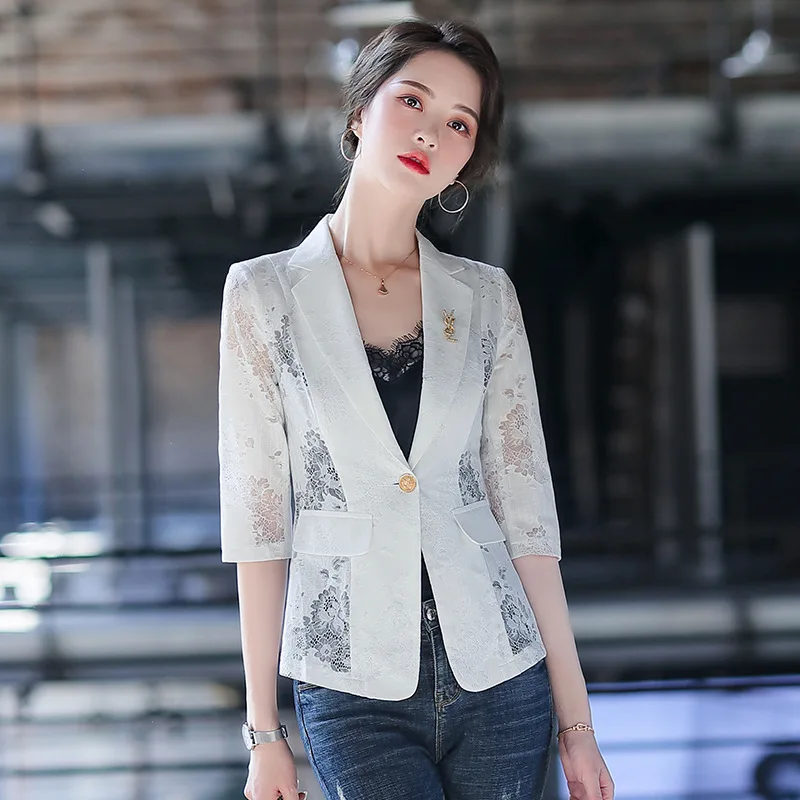 

Spring lace small shawl coat nuns hollow thin top mid-sleeve suit office lady womens jackets blazer women set Blazers