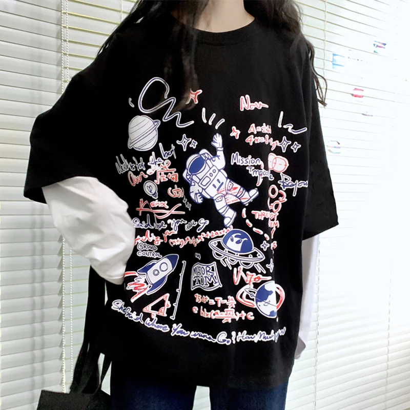 

GoneGoing 2020 New Women Cartoon Print Long Loose T shirts Graffiti Colorful Harajuku Tees 0815