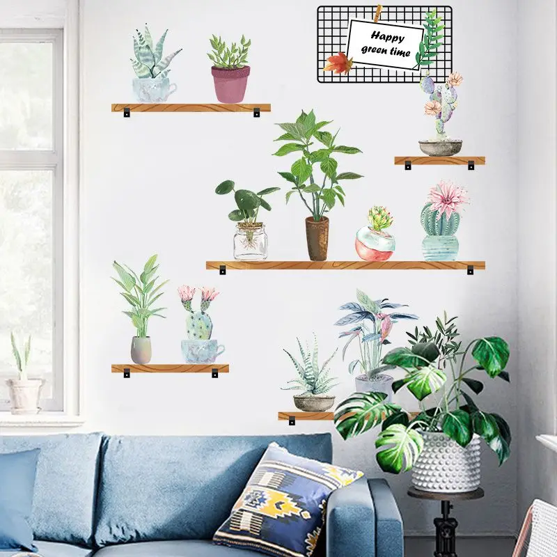 3d наклейка на стену в горшке с зелеными листьями|Наклейки стену| |