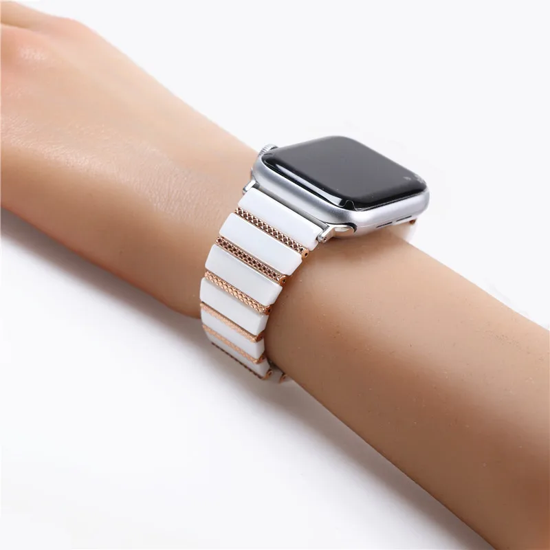 New Luxury Ceramics Stainless Steel For Iwatch Bracelet Strap On Apple Watch Band Series 7 6 Se 45mm 44mm 40mm Wristband Belt
