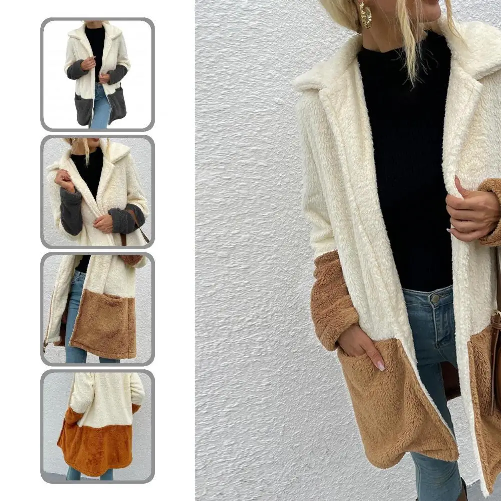 

Double-Sided Velvet Trendy Matching Color Lapel Pockets Women Coat Comfy Fluffy Coat Matching Color for Daily Wear