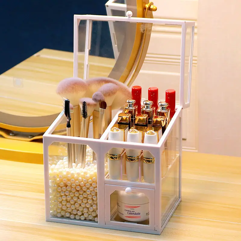 Glass Material Beauty Brush Storage Box Dust-proof Desktop Lipstick Skin Care Shelf Eyebrow With Finishing |