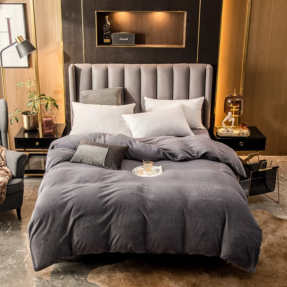 Home Textiles Light Gray Winter Flannel Quilt Cover Soft Worm Coral Fleece Comforter Thickening Warm Duvet Bedding | Дом и сад