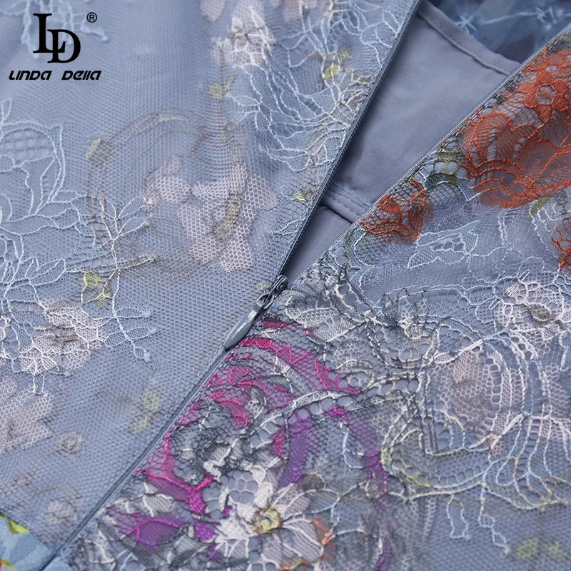 

LD LINDA DELLA 2021 Summer Fashion Jacquard Dress Women Elegant Lace Mesh Patchwork Floral print Long sleeve Vintage Mini Dress