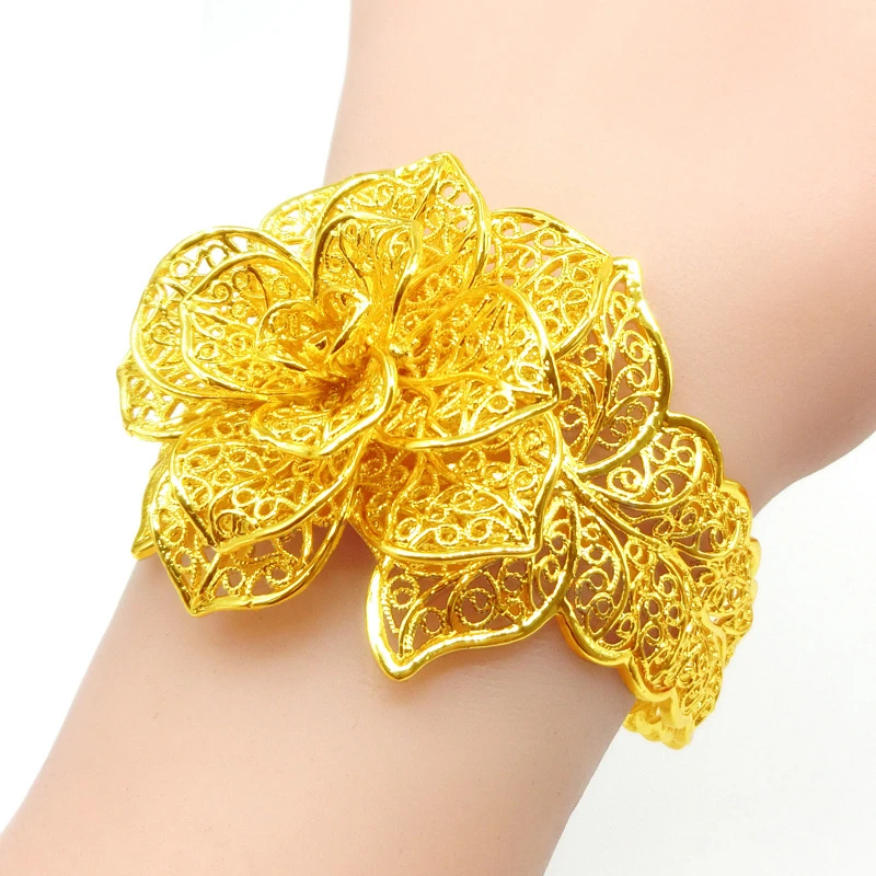 

Luxury Bangles 24K Gold Filigree Big Flower Cuff Bracelets for Women