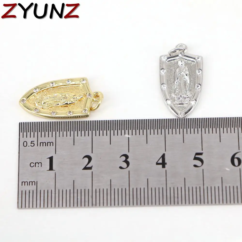 

10PCS, CZ Micro Pave Embossed Jesus/Virgin Mary On Shield Shape Pendant, Gold Plated Religion Charm, Necklace Bracelet Charm